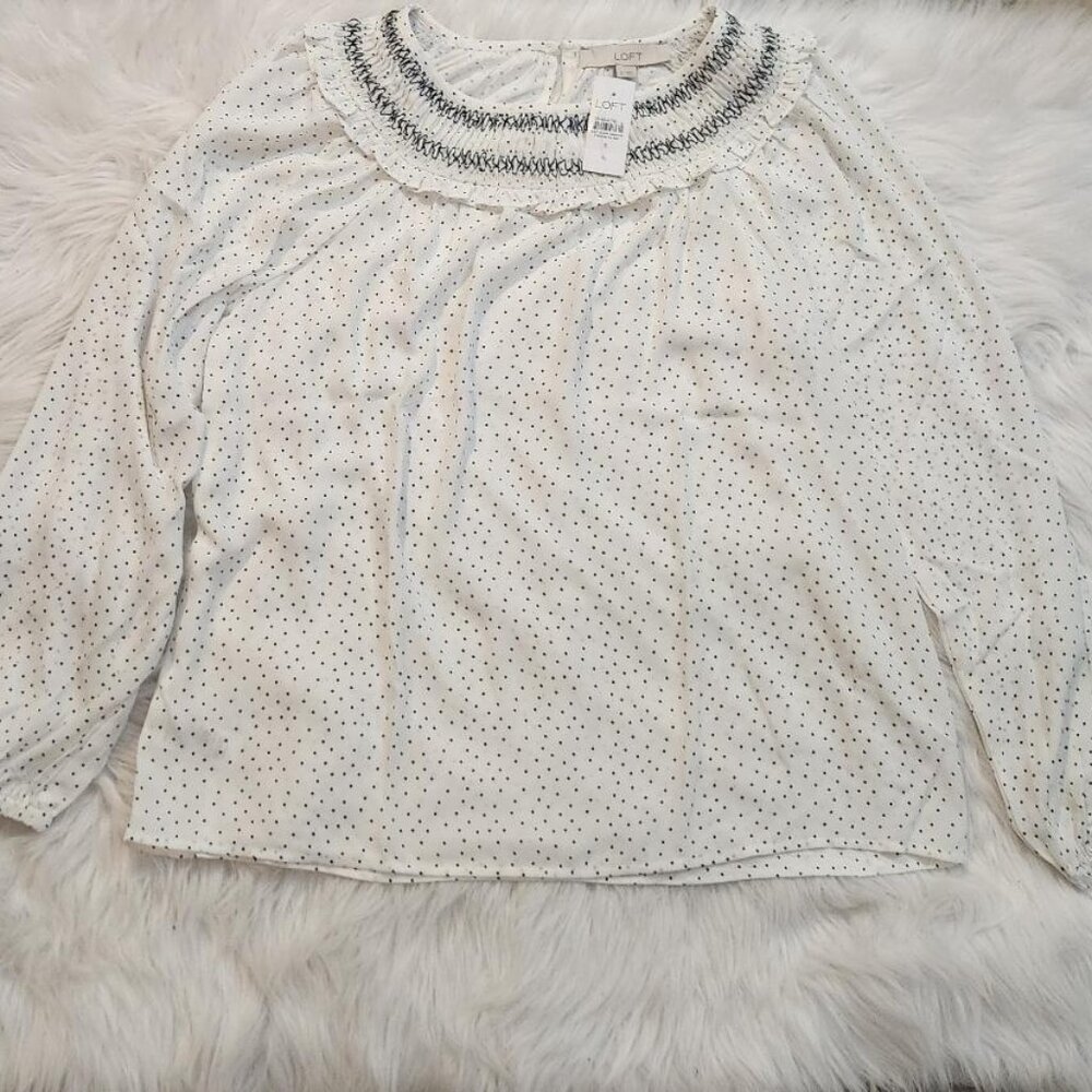LOFT Dotted Smocked Mixed Media Blouse